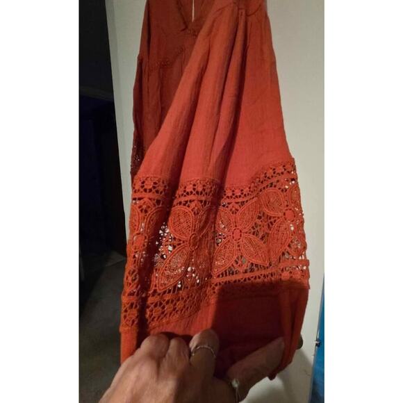 And The Why Rust Boho Peasant Blouse Crochet Lace Balloon Sleeve Top Medium - Picture 6 of 7